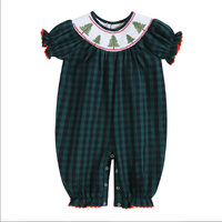 Blue and Green Check Christmas Tree  Shirred Playsuit  Size 6 - 12 months