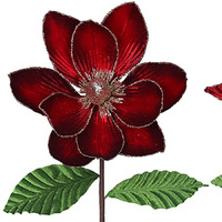 Burgundy Red Fabric Magnolia Stem with Leaf  55cm