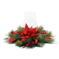 1 Lite Red Poinsettia, Berry, Cone,  and  Greenery  Christmas Candle Centrepiece