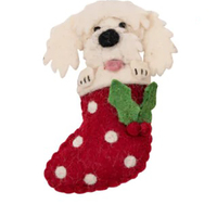 Felt White Cavoodle in Stocking Christmas Decoration. 11cm