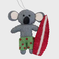 Felt Koala  with Red Surfboard Christmas Decoration 11cm