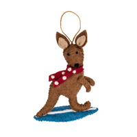 Felt Kangaroo Brown Standing on Surfboard Christmas Decoration 12cm