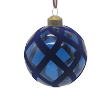 Blue Glass Round  Christmas Bauble with Stripes 8cm