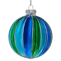 Blue Green Striped Glass Christmas Bauble 8cm