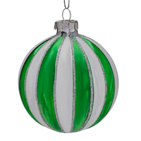 White Green Striped Glass Christmas Bauble 8cm