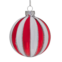 White Red Striped Glass Christmas Bauble 8cm