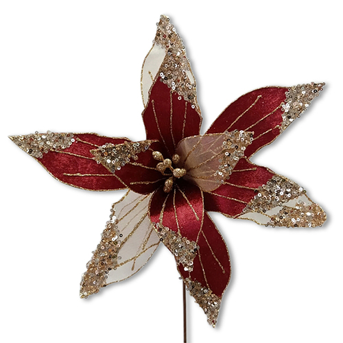 Burgundy Sheer Sequin  Poinsettia 30cm