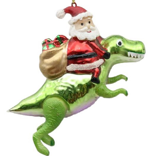 Santa with Dinosaur Glass Christmas Hanging Decoration