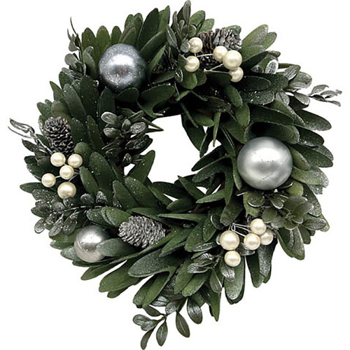 Silver and Green Wood Leaf Christmas Candle Wreath 25cm