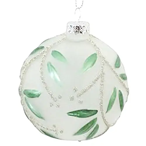 White Frosted Glass Bauble with Leaf 8cm