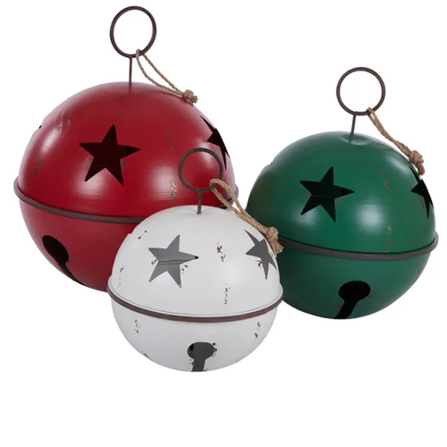 Red, Green and White Distressed Metal Christmas Hanging  Bells