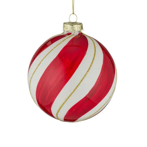 White Glass Hanging Christmas Bauble with Red and Gold Stripes