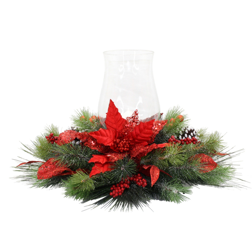 1 Lite Red Poinsettia, Berry, Cone,  and  Greenery  Christmas Candle Centrepiece