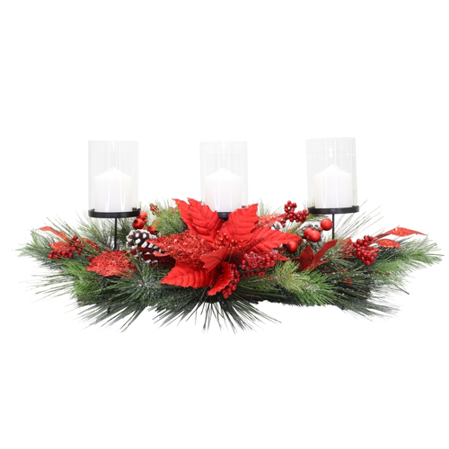 3 Lite Red Poinsettia, Berry, Cone,  and  Greenery  Christmas Candle Centrepiece