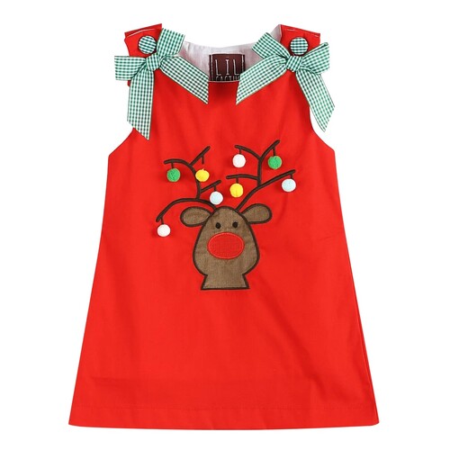 Plaid Reindeer Pompom Christmas Swing Dress  12-18 months