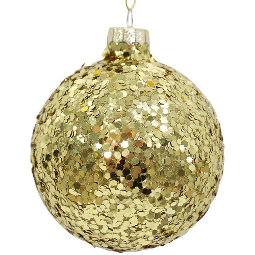 Gold  Glitter Glass Hanging Christmas Bauble 8cm 6pk