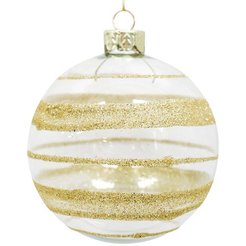 Clear Gold Stripe Glass Hanging Christmas Bauble 8cm 6pk