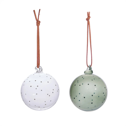 White and Green  Natale Hanging Glass Dotted Baubles  7cm 2pk