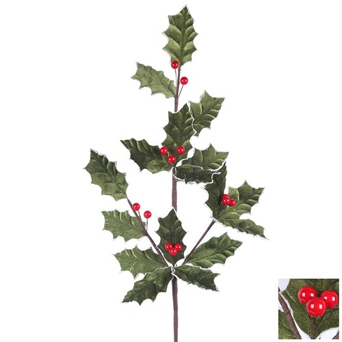  Velvet Holly Leaf Berry Stem 80cm