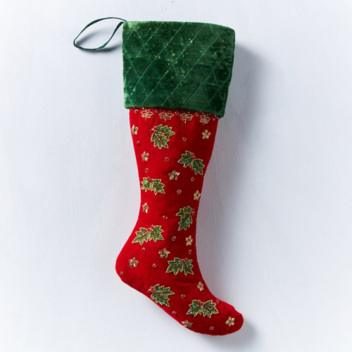 Red and Green Holly Velour Christmas Stocking 58cm