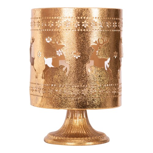 Gold Metal Christmas Candle Holder with Reindeer Cutouts.