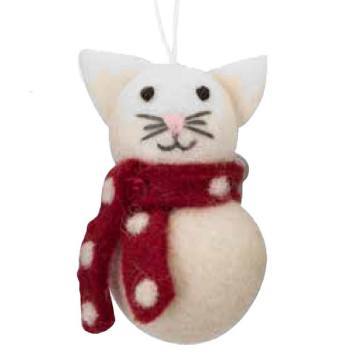 Felt White Round Cat with Red Scarf Christmas Decoration   7cm