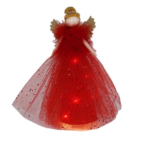 Red Fabric Angel Christmas Tree Topper with Lights 30cm