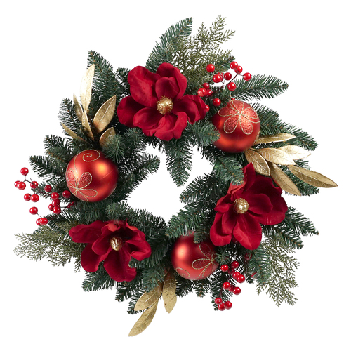 Gold Leaf with Red Magnolia Christmas Wreath 