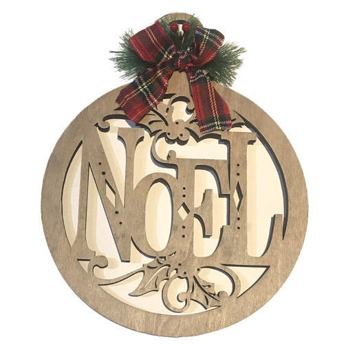 Timber Noel Sign with Tartan Trim  25cm