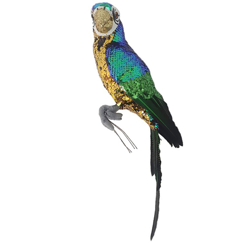 Perched Green Wing Sequin Parrot Christmas Decoration