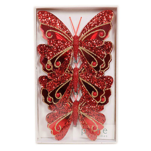 Red  and Gold Sparkle  Christmas Butterfly Clip 3 pc