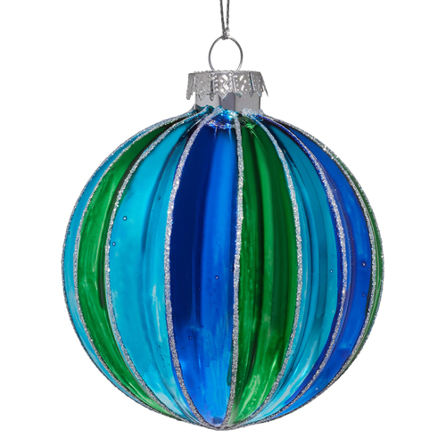 Blue Green Striped Glass Christmas Bauble 8cm