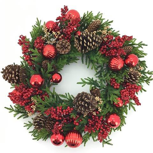 Red Bauble, Berry and Cone Wreath 50cm