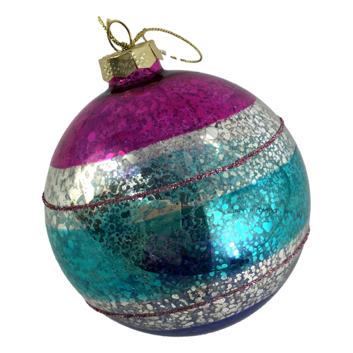 Retro Blue Stripe Christmas Hanging Bauble 10cm