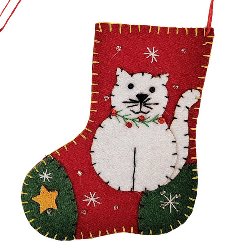 Felt Santa Stocking with Cat  Hanging Christmas Decoration