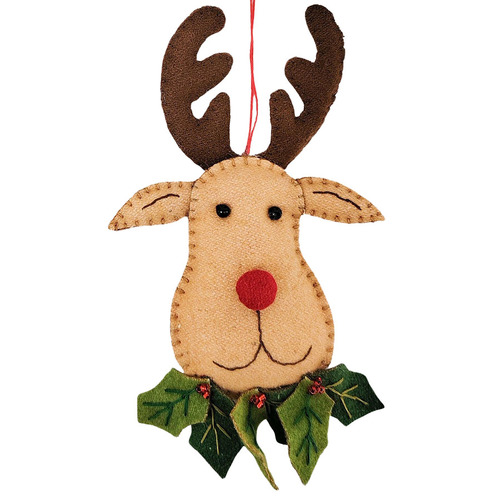 Felt Reindeer Head with Holly  Hanging Christmas Decoration