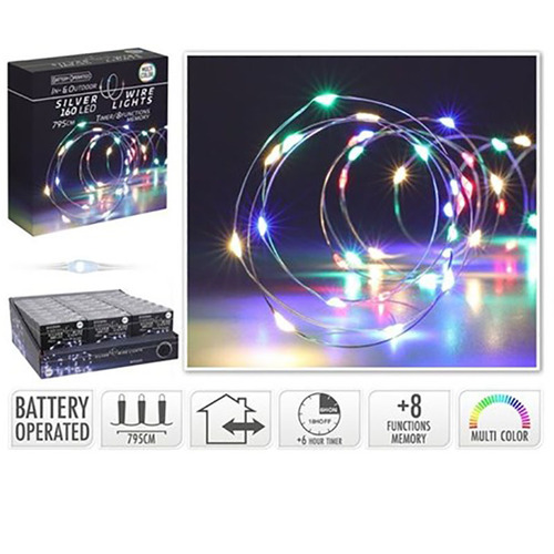 Silver Wire 160 LED Multi Colour Seed Lights 7.95m